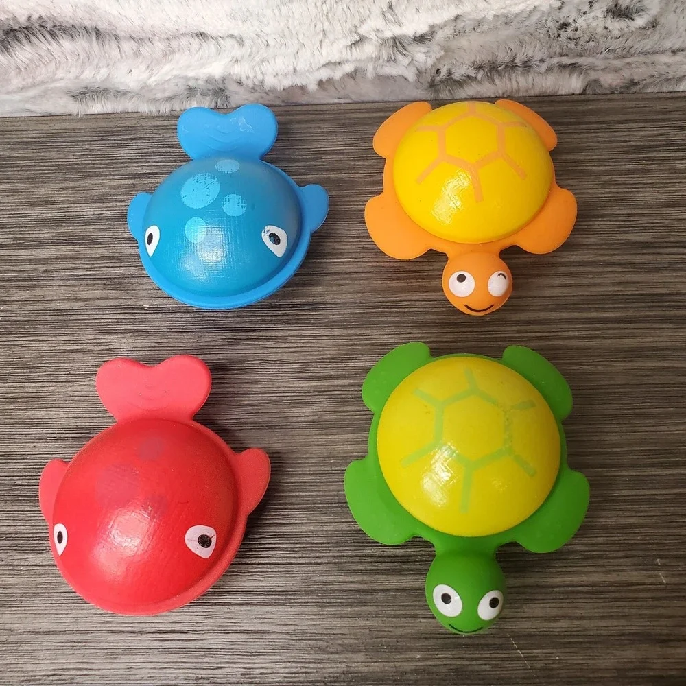 Set Of 4 WOODEN Ocean Animals Turtle Whale Fish‎ Primary Colors - Rubber Fins